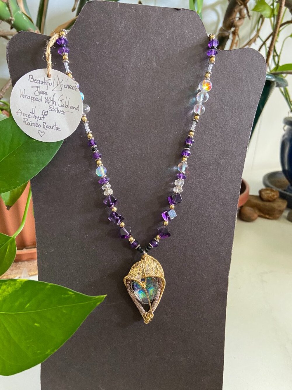 Dichroic Glass Wrapped w/Gold & Silver with Amethyst & Rainbow Quartz Necklace